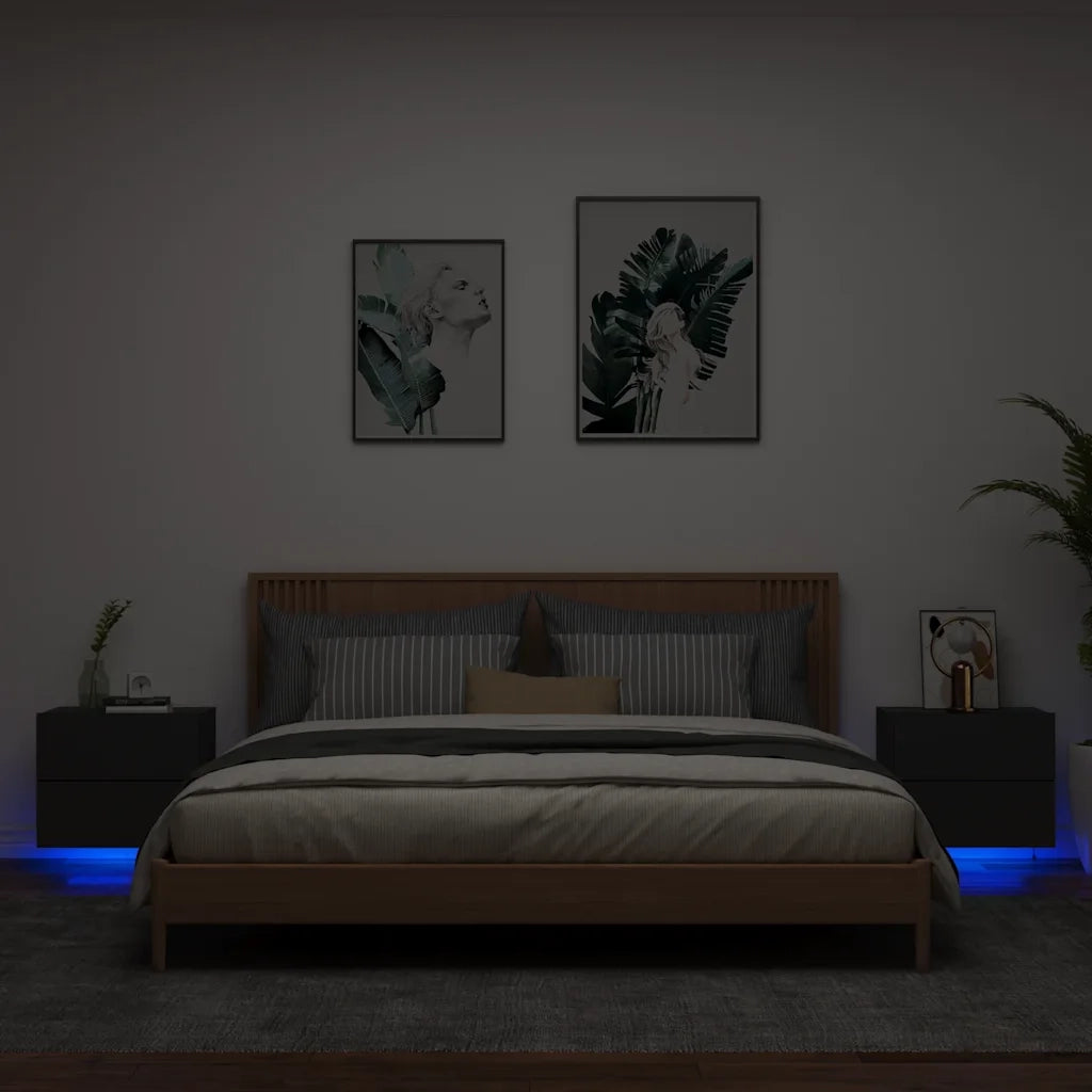 Set di 2 Comodini | Armadio da Notte | Mobiletto da notte a Parete con Luci LED Neri