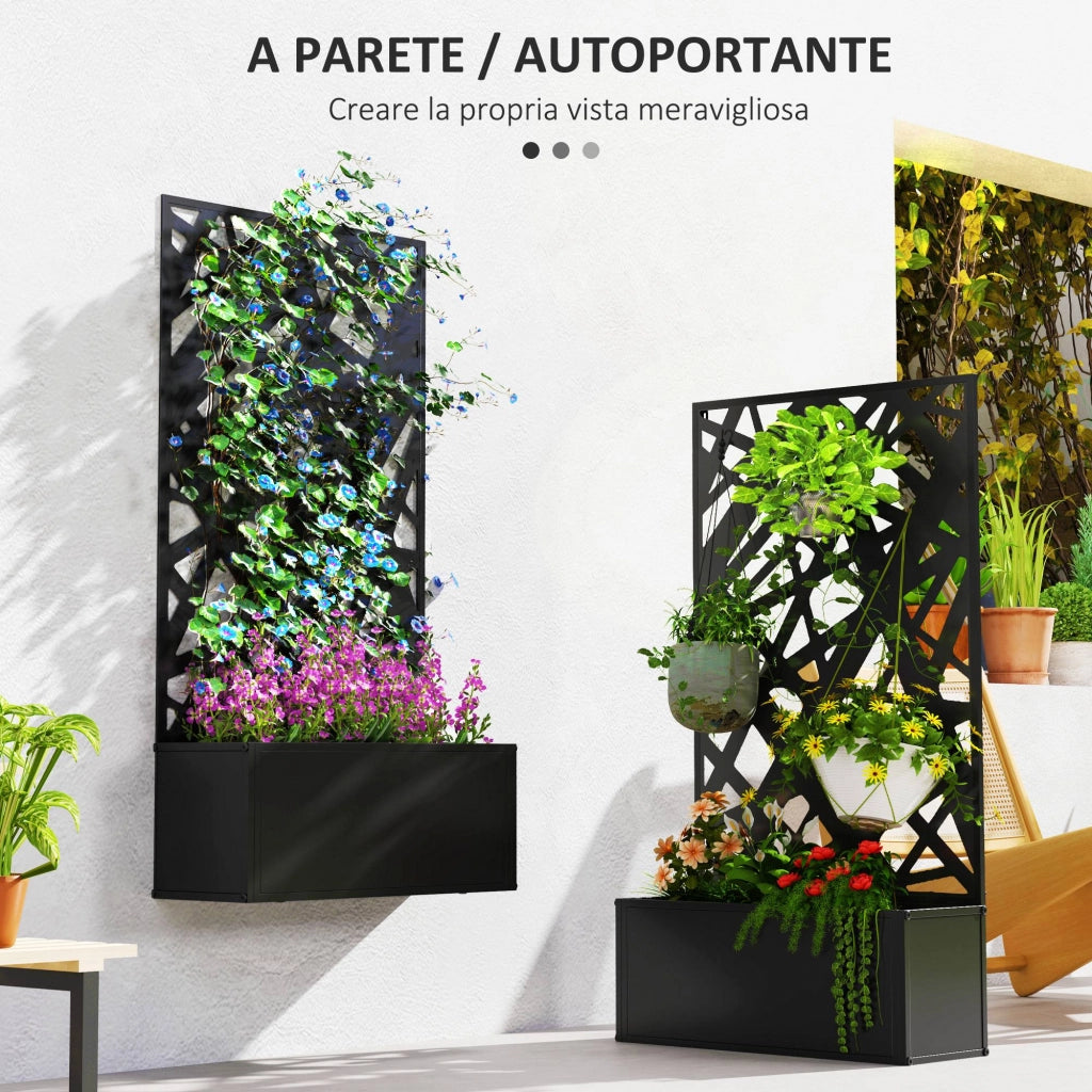 Fioriera Rialzata con Spalliera Decorativa per Rampicanti da Terra e Parete, 61x23x113 cm, Nero
