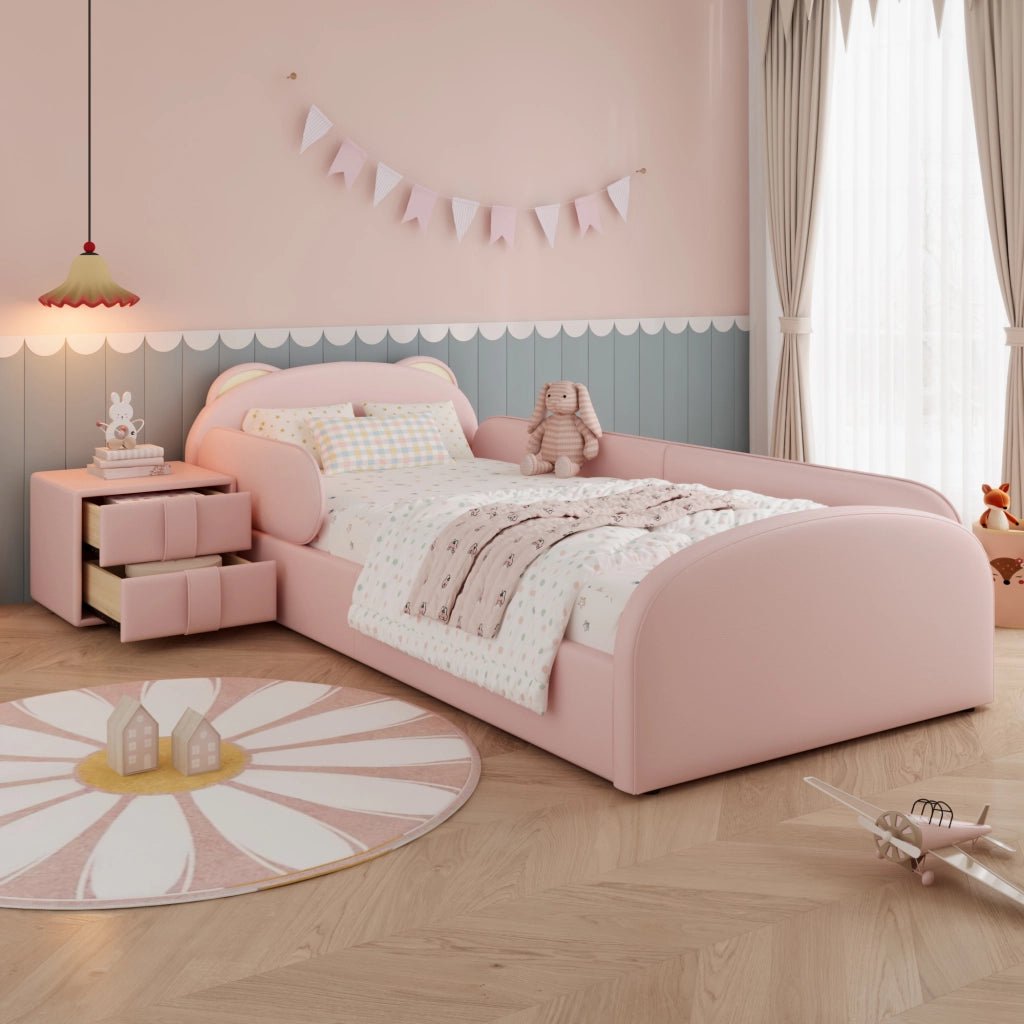 LETTO imbottito a forma di orso 90x200 cm rosa con comodino
