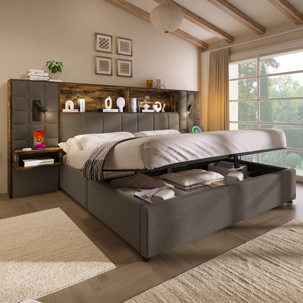 LETTO Contenitore 180x200 cm Grigio in Lino con luci e comodini integrati