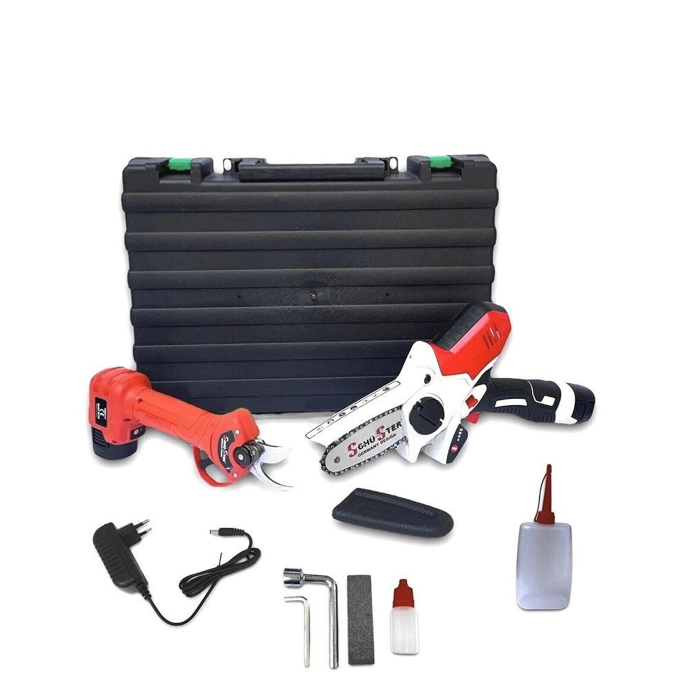 Trade Shop - Kit Potatura 2 In 1 Forbici Cesoia Motosega Elettrica A Batteria 18v 1.5 Ah -