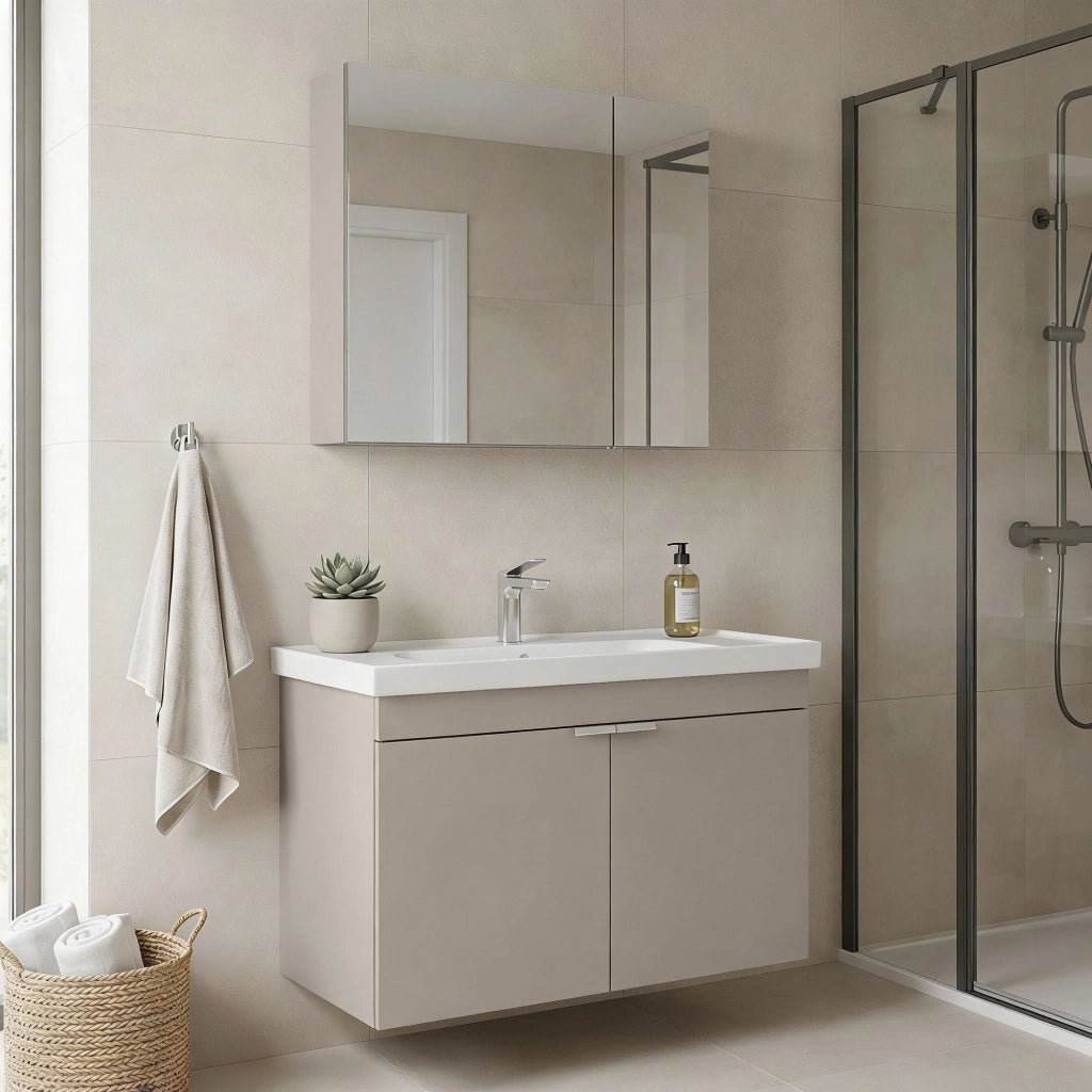 Set mobile lavabo con specchio (2 pezzi) "Desna 90" - 90 x 45 x 58 cm - Sabbia