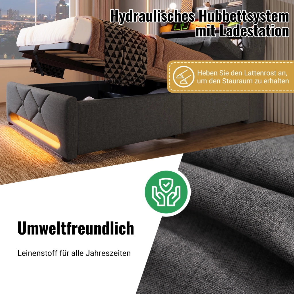 LETTO Matrimoniale 140x200 cm con LED, USB e Type-C, Grigio, Lino