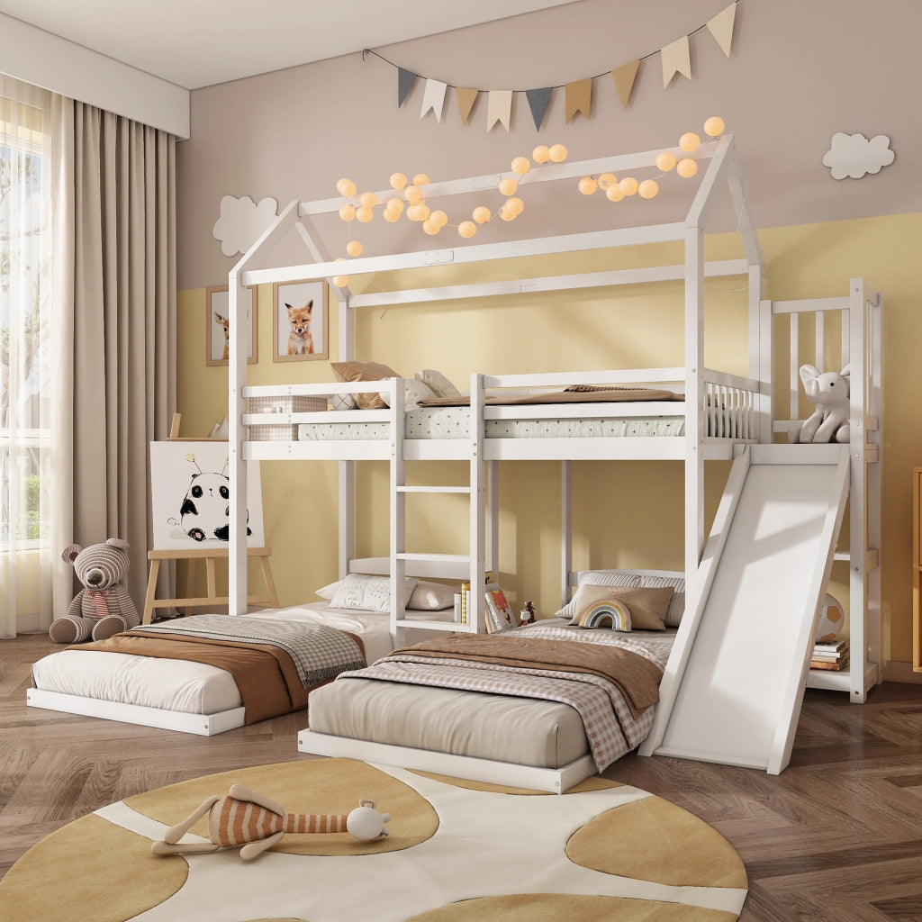 LETTO A CASTELLO CON SCIVOLO E SCALA 90x200 cm BIANCO 3 POSTI