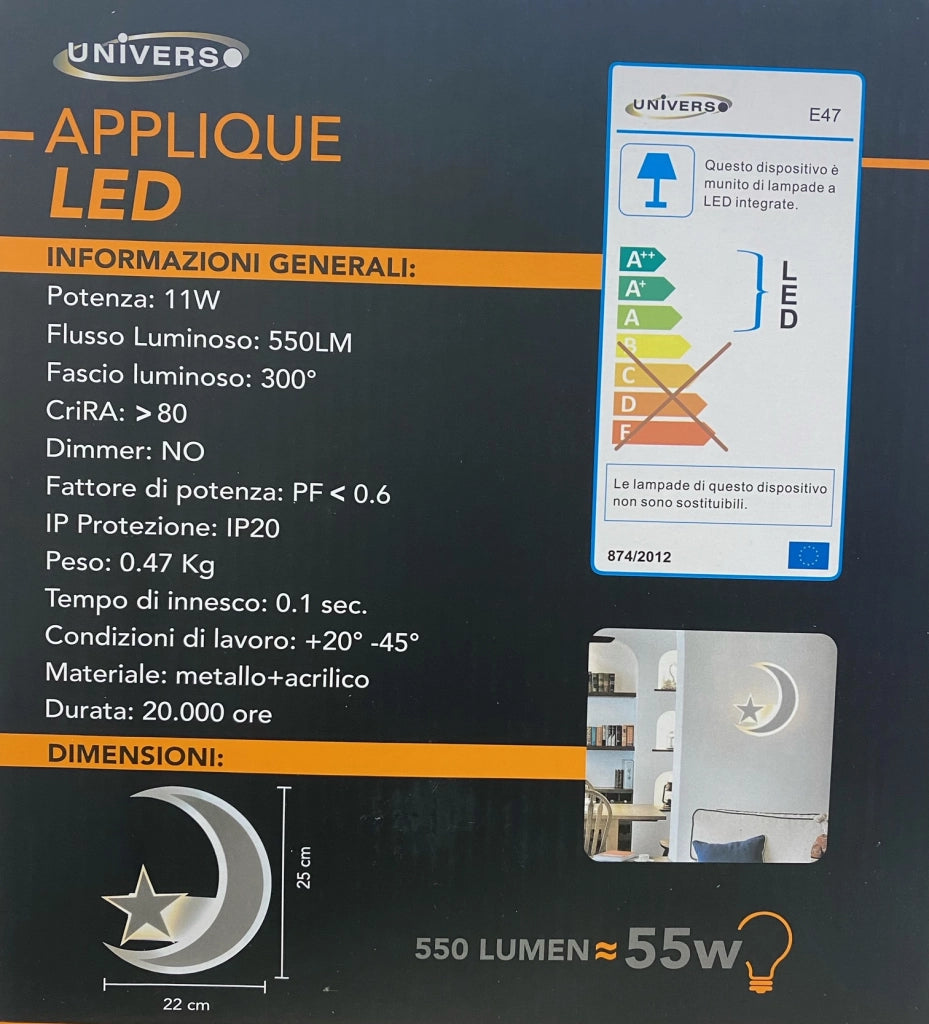 APPLIQUE LAMPADA DA PARETE A MURO MODERNA LED LUNA CON STELLA LUCE CALDA 3000K