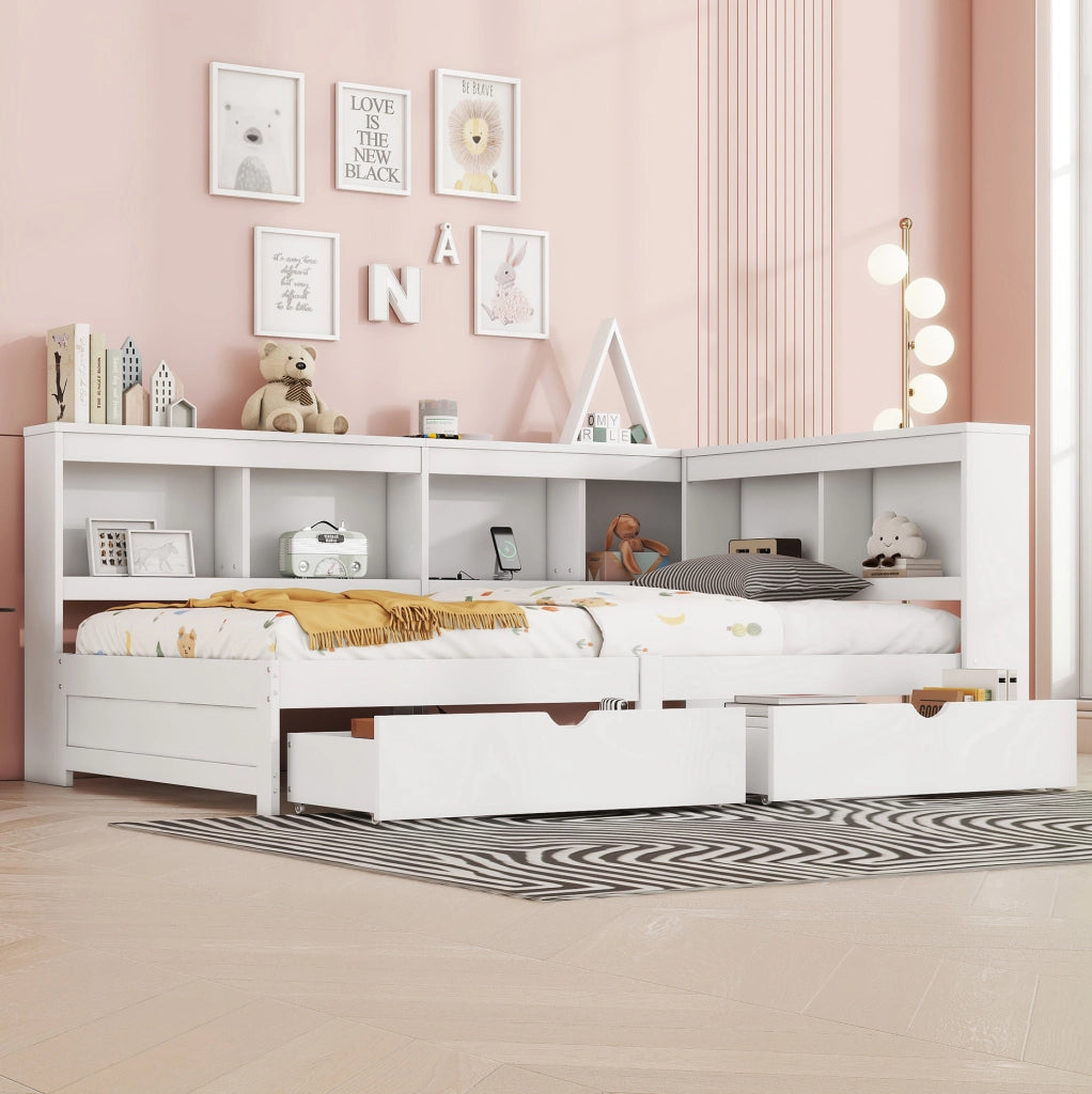 Letto a divano 90x200 cm con 2 cassetti, prese USB e ripiani laterali