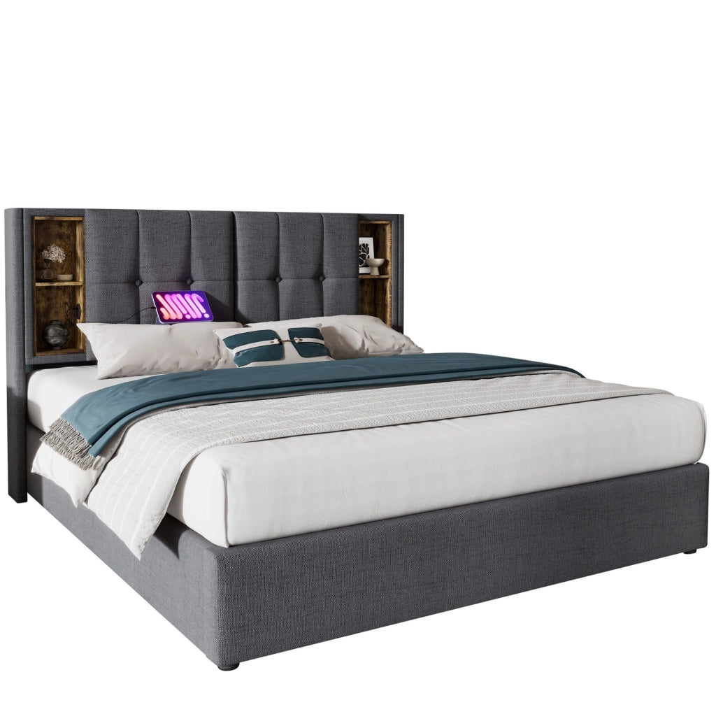 Letto imbottito 140x200 con ricarica wireless, USB e contenitore