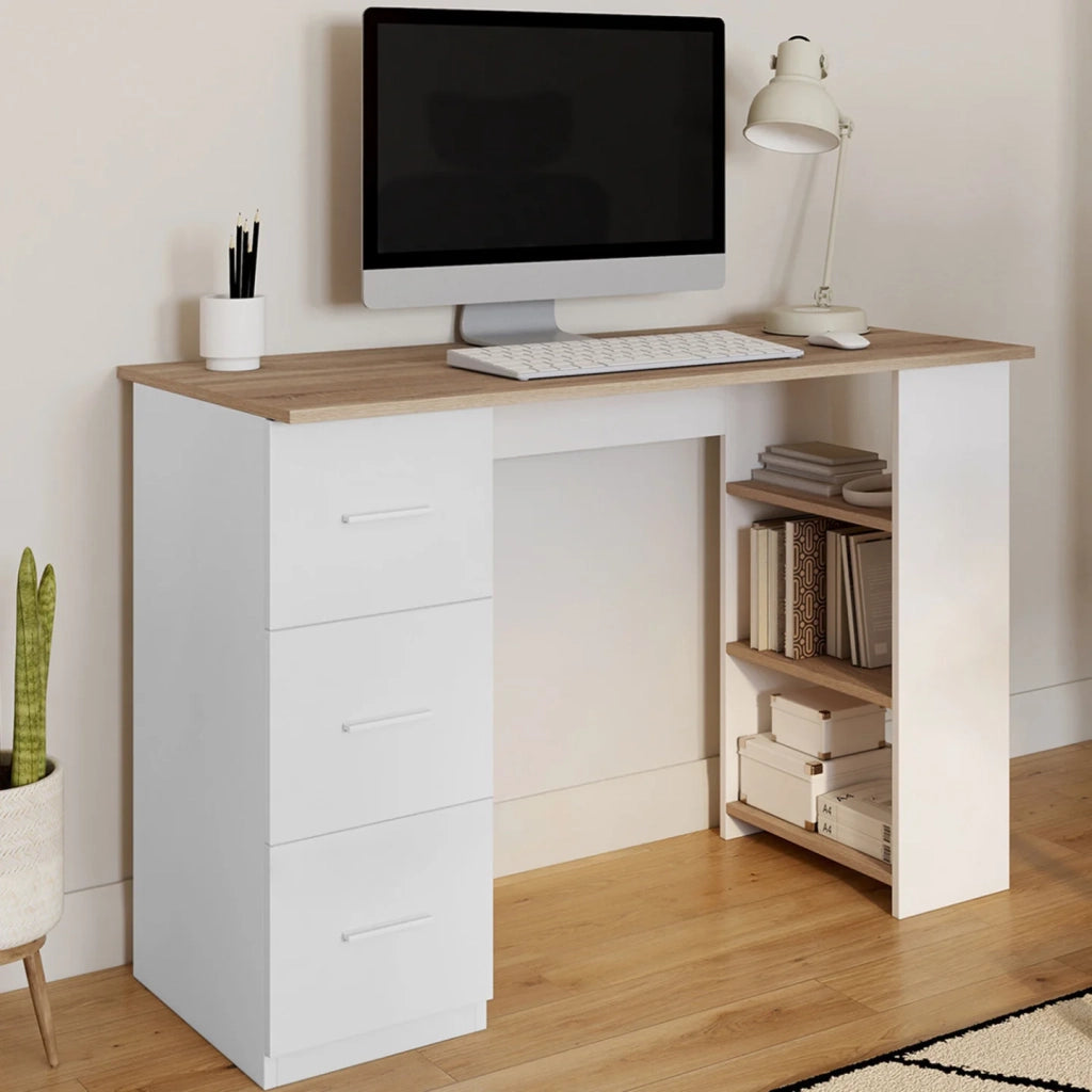 IDMarket - MAE Scrivania dritta a 3 cassetti con ripiani in legno e bianco