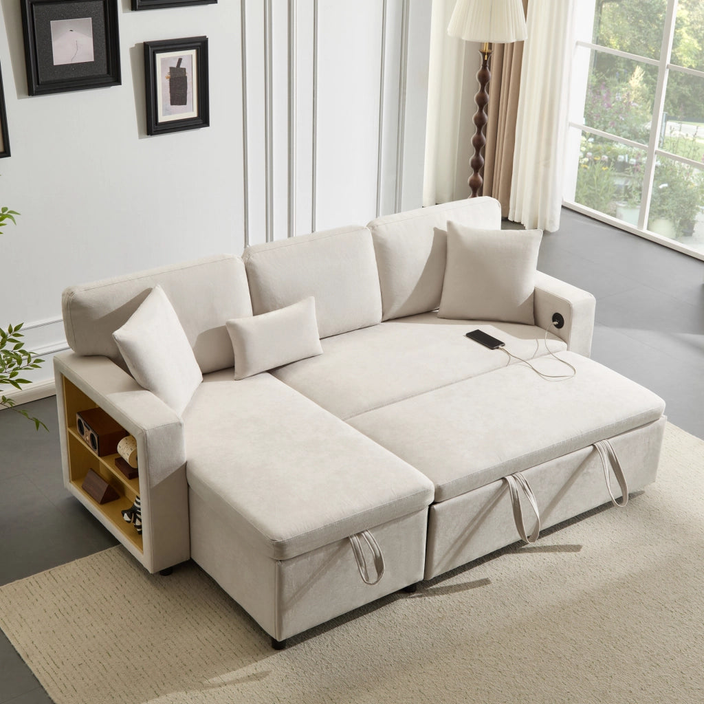 Divano Letto Angolare con Contenitore e Libreria ¨C MINIMAL ¨C Beige