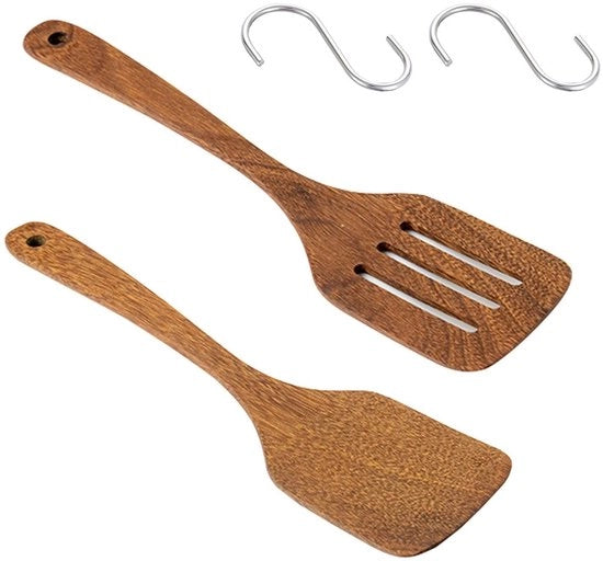 Set di Spatole in Legno - Spatole Resistenti al Calore - Utensili da Cucina - Ganci in Acciaio Inossidabile - 2 Pezzi - Spatole in Legno di Legno di Cipolla Sostenibile