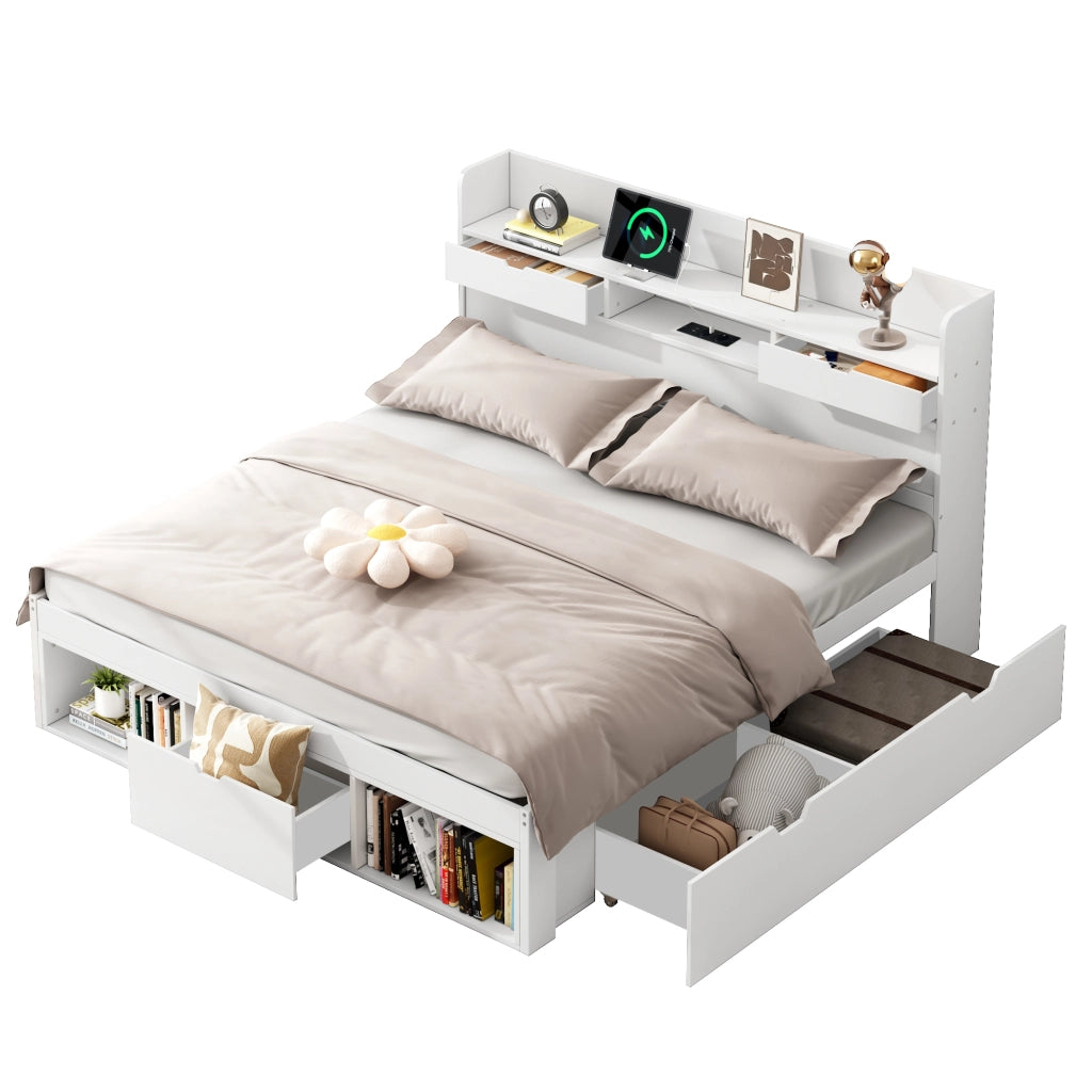 Letto doppio - Zephmum - 140x190cm - Bianco - USB, cassetti, armadio