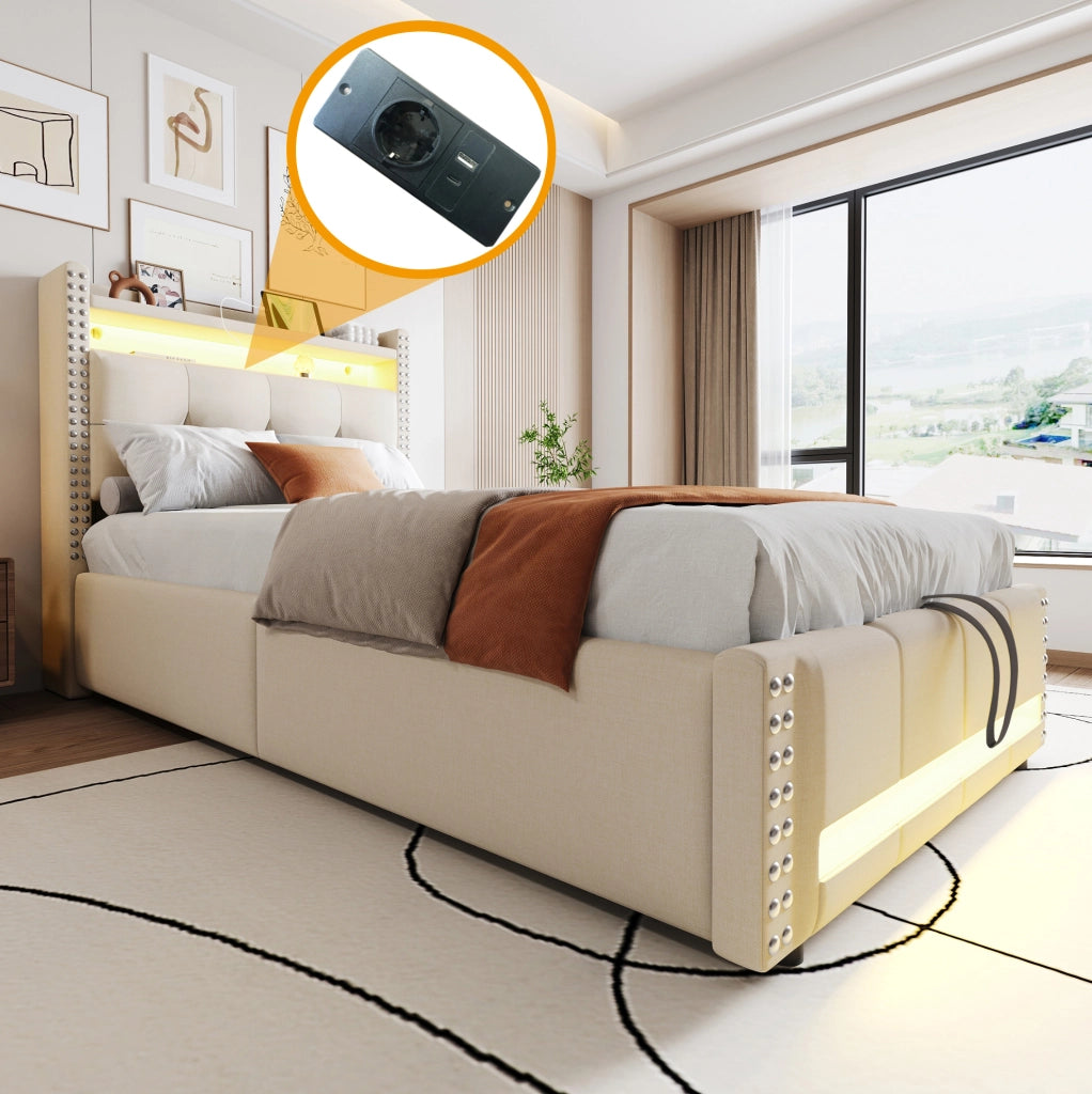 Letto singolo imbottito 90x200 cm con LED, USB e vano contenitore