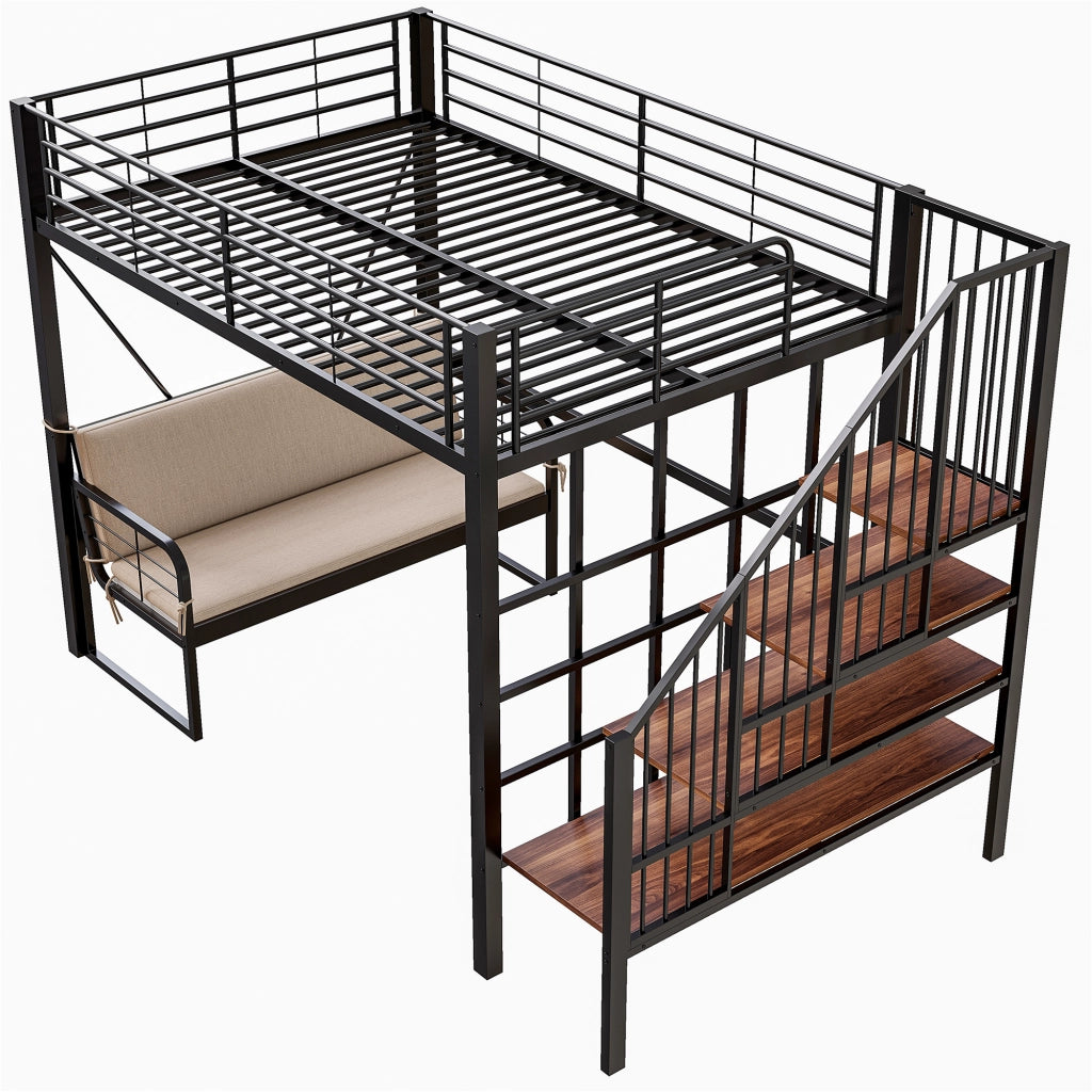 LETTO A CASTELLO 140x200 cm in metallo nero con divano e scala contenitore