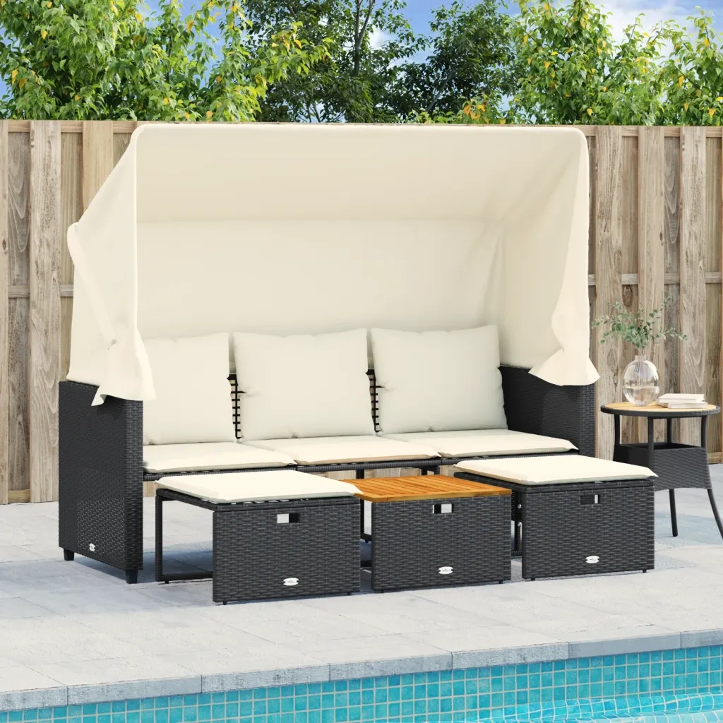 Divano Giardino 3 Posti Baldacchino e Sgabelli-Sofa da Giardino-Divanetto da esterno Nero Polyrattan