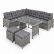 Salotto Da Giardino In Polyrattan Angolare Con Due Pouf Tavolino Con Doppio Ripiano In Vetro E Morbidi Cuscini Arredo Moderno Per Patio Balcone Veranda Piscina E Outdoor Grigio