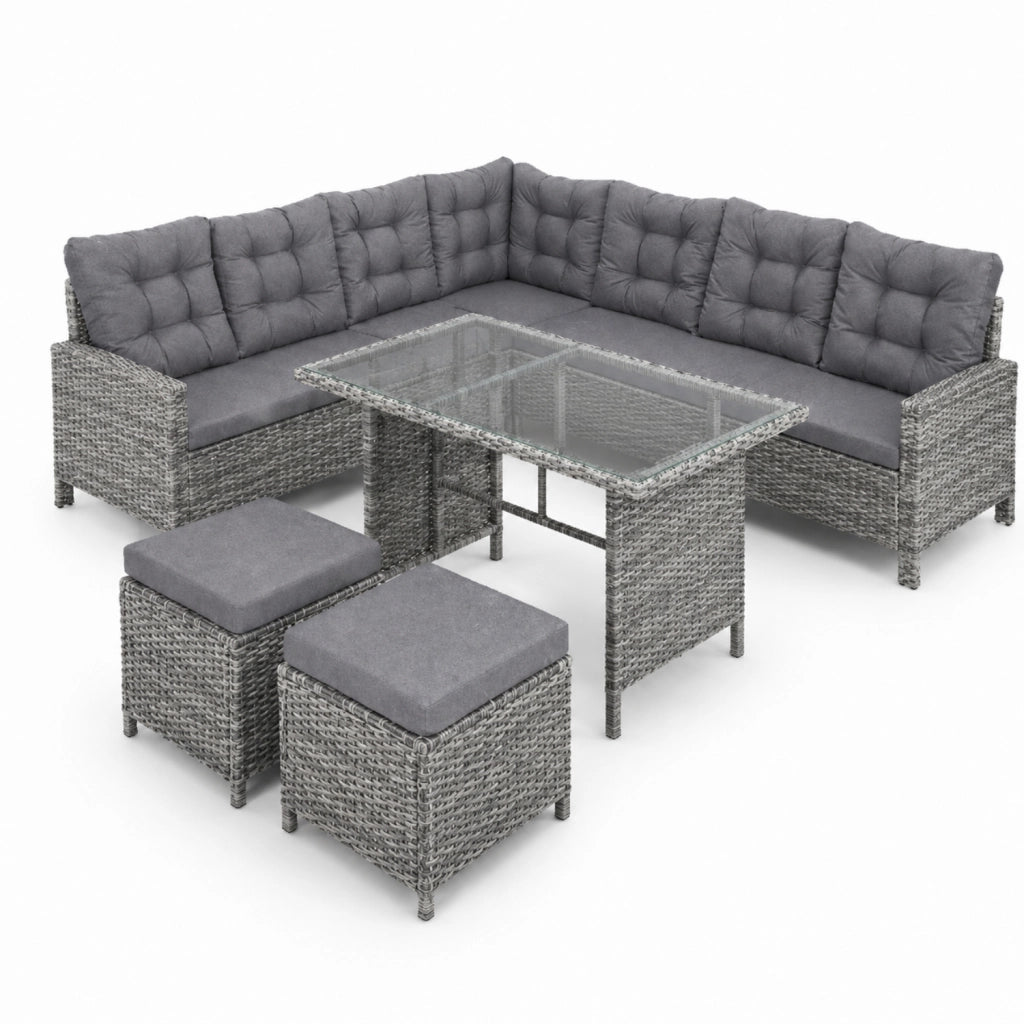 Salotto Da Giardino In Polyrattan Angolare Con Due Pouf Tavolino Con Doppio Ripiano In Vetro E Morbidi Cuscini Arredo Moderno Per Patio Balcone Veranda Piscina E Outdoor Grigio