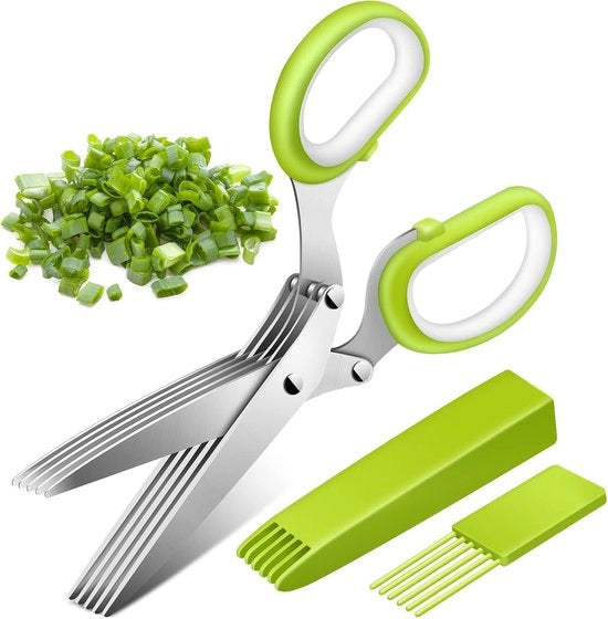 Kit di taglieri per erbe - Acciaio inox - Verde - 5 lame, per erbe, prezzemolo, basilico, rosmarino (con coperchio e spazzola per la pulizia e lama da affilare)