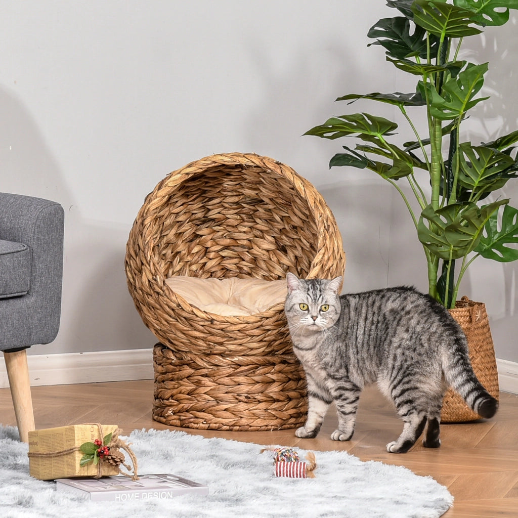 Letto per Gatti in Rattan con Cuscino ¨C Minimal ¨C Marrone 50x42x60 cm