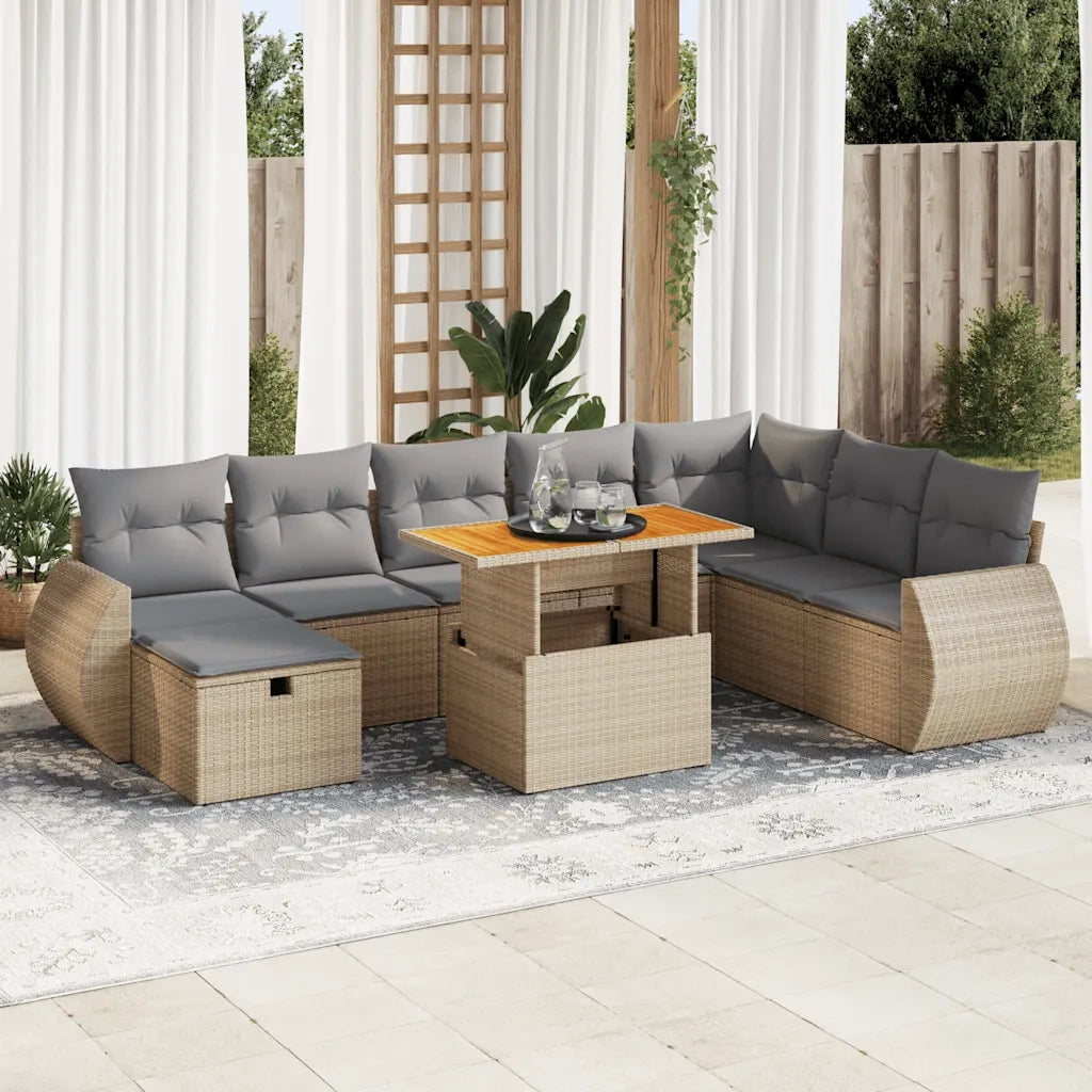 Set Divano da Giardino 9 pz con Cuscini Beige Polyrattan Acacia 3328074