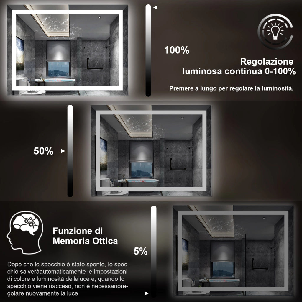 specchio rettangolare 80 x 60 cm con luce led antiappannamento e touch