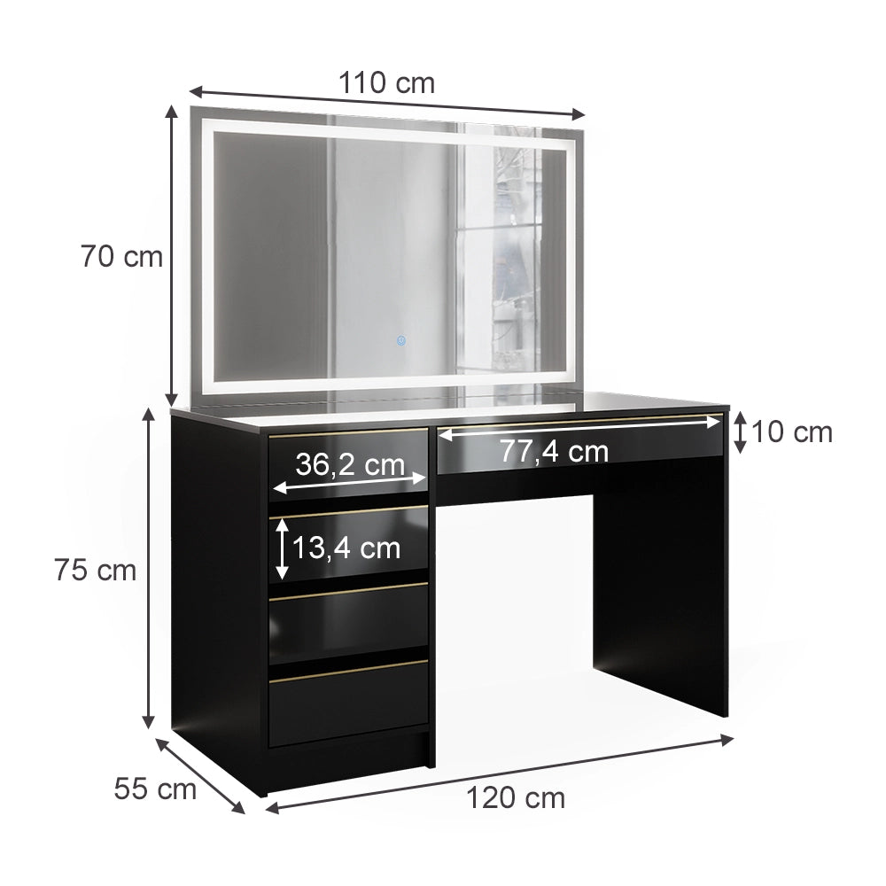 Vicco Tavolo da toilette Nero/oro 55 cm con specchio a LED