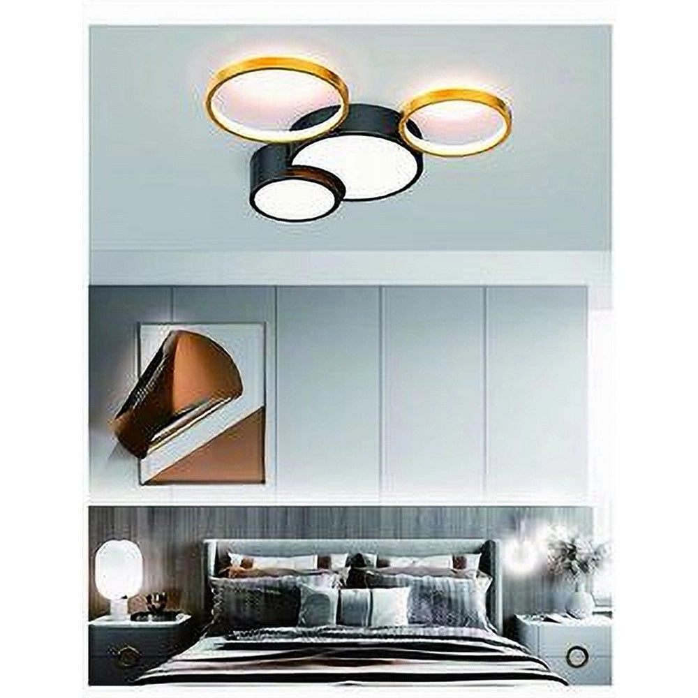 Trade Shop - Plafoniera Led 36w 4 Cerchi Oro Nero Lampada Da Soffitto Moderno Luce 4000k 70951 -