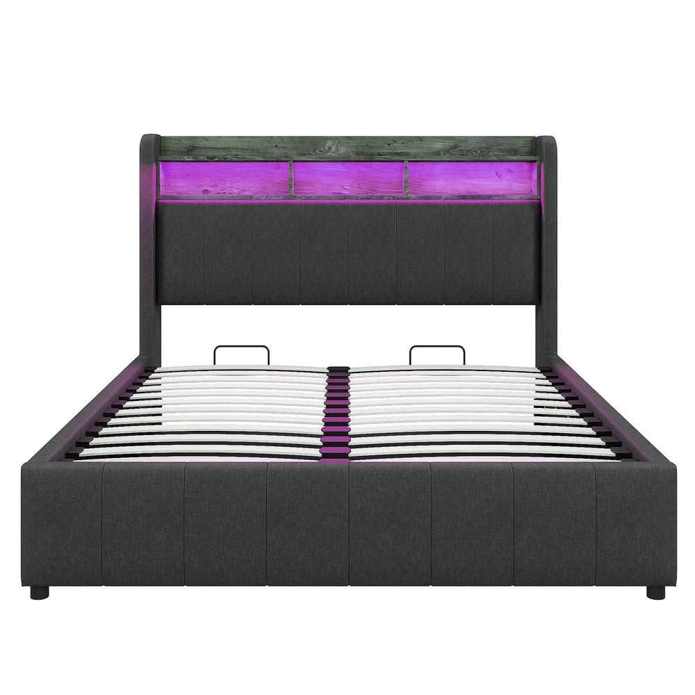 Letto Imbottito Contenitore con LED e USB ¨C MINIMAL ¨C Tessuto Grigio 160x200