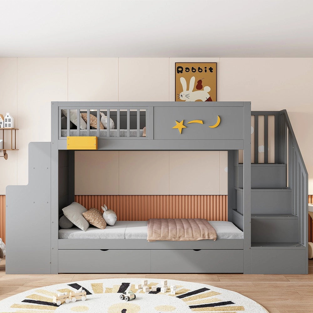 Letto a Castello per Bambini con Cassetti, Scrivania e Scala ¨C Xylo ¨C Massello Pino Grigio 90x200
