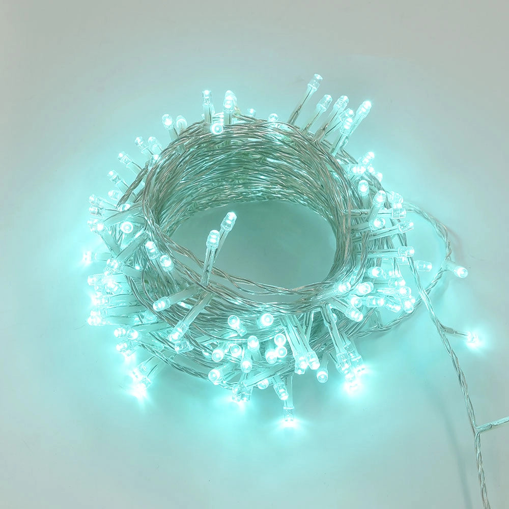 CATENA LED 500 LUCI VERDE ACQUA CAVO TRASPARENTE 25 METRI 8 GIOCHI DI LUCE - IP44 PER INTERNI ED ESTERNI