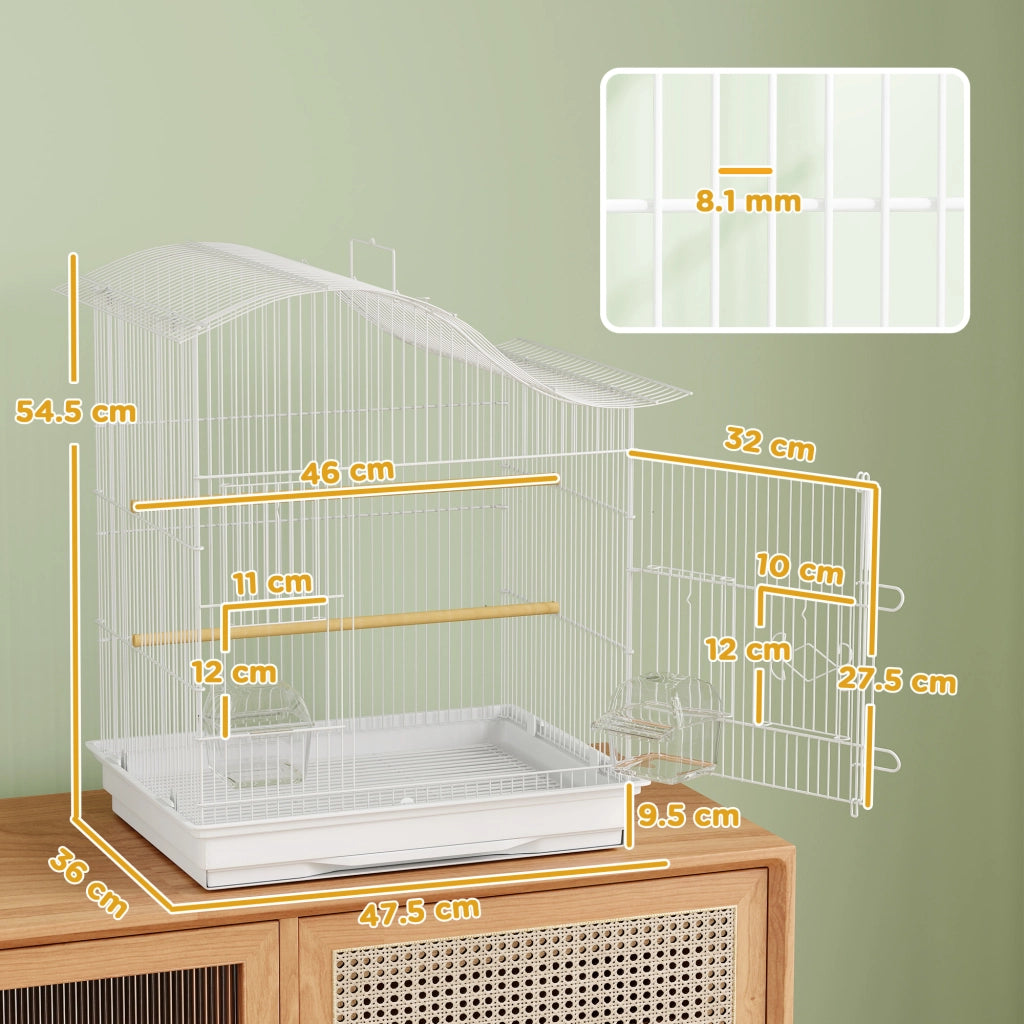 Gabbia per Uccelli a 4 Porte 47,5x36x54,5 cm con 2 Ciotole 2 Posatoi e Vassoio in Metallo e Plastica Bianco