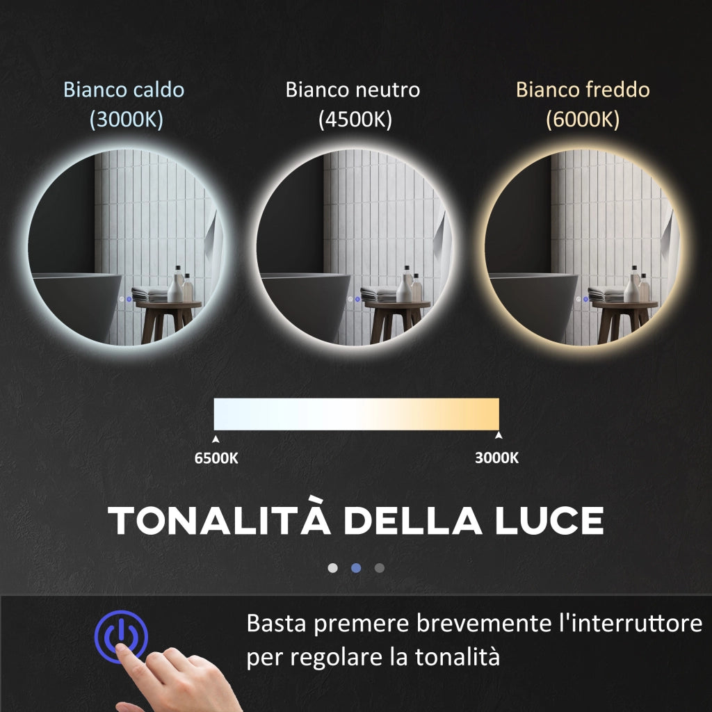 Specchio Bagno con Luci LED Regolabili, Interruttori Touch e Design Antiappannamento, ?70 cm