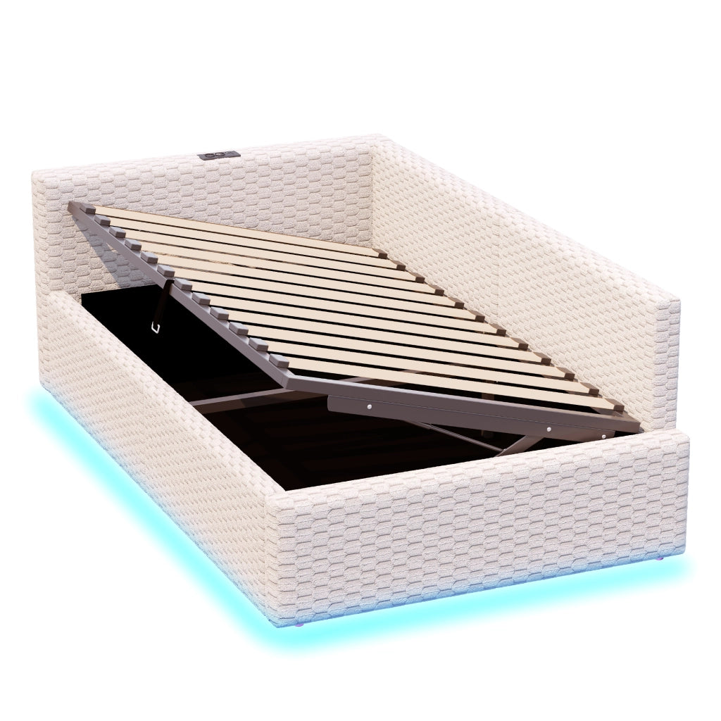 LETTO Contenitore 90x200 cm in velluto beige con LED e porte USB-C/USB