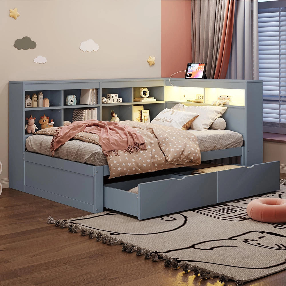 Divano letto legno 90x200cm - Xylo - grigio, USB/LED, ripiani, spazio