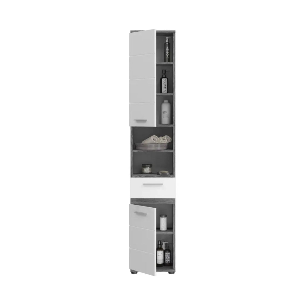 Colonna da bagno WILLIAM 2 porte e 1 cassetto - Bianco e grigio scuro