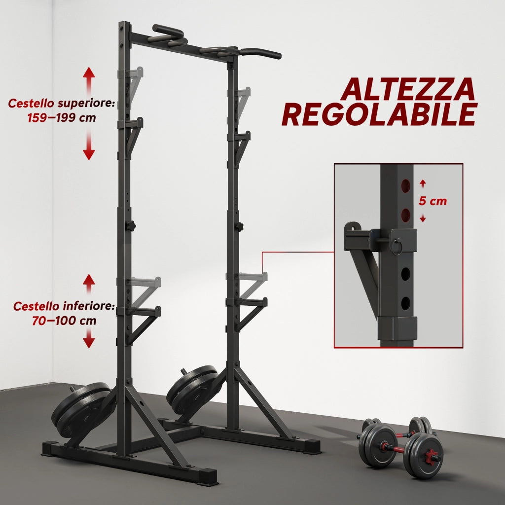 Squat Rack Regolabile con Doppio Supporto, Portadischi e Barra Trazioni ¨C Minimal ¨C Acciaio, Nero, 112-100x201-217 cm