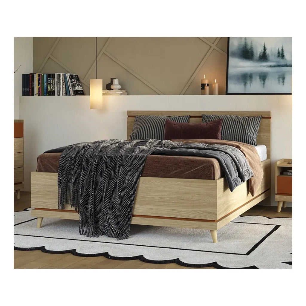 Letto + rete NOKI – 160x200 cm rovere chiaro e moka – Stile scandinavo
