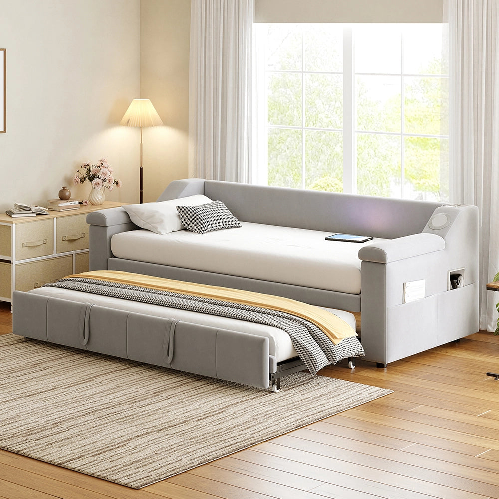 Divano letto - Xylo - 90x190 cm Bluetooth USB velluto grigio chiaro