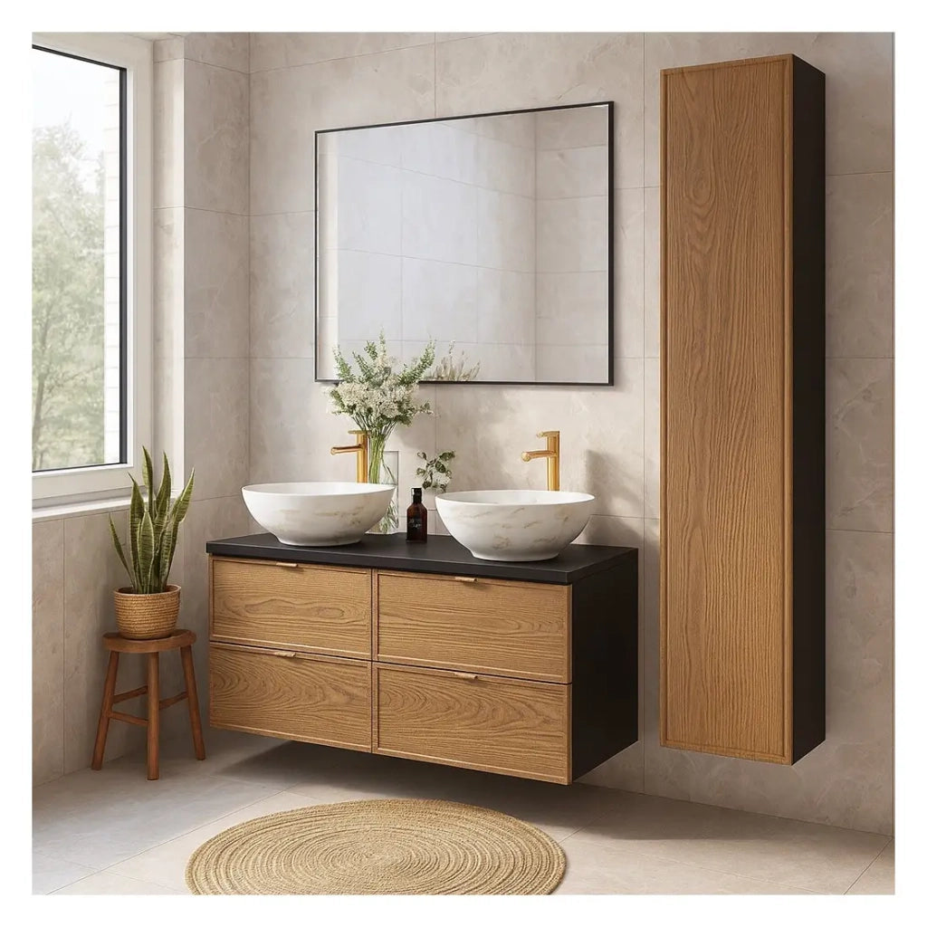 Set SAVIA: mobile sottolavabo 120cm + piano lavabo + colonna di stoccaggio