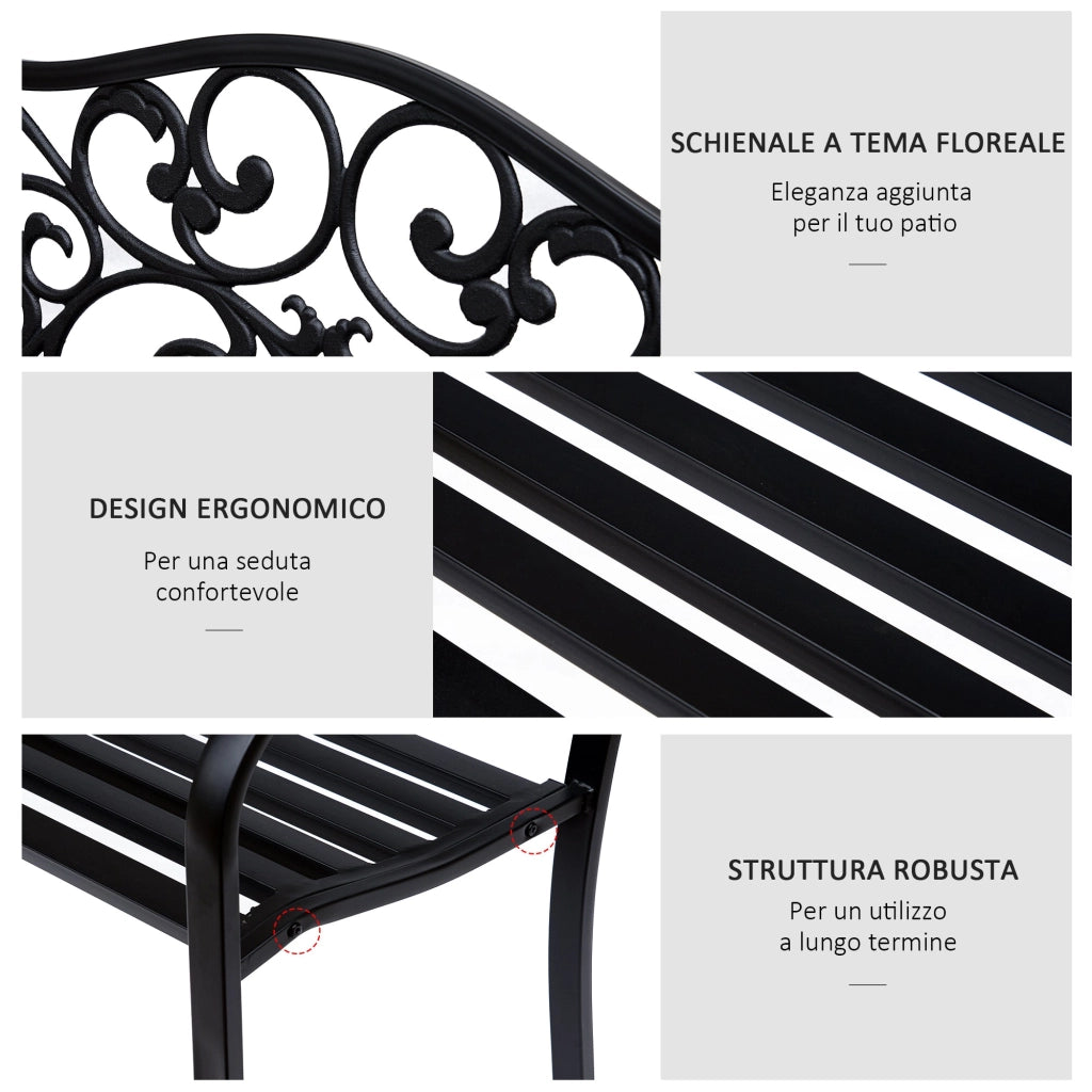 Panchina da Giardino 2 Posti con Schienale Decorato 127x60x89 cm in Ghisa e Metallo Nero