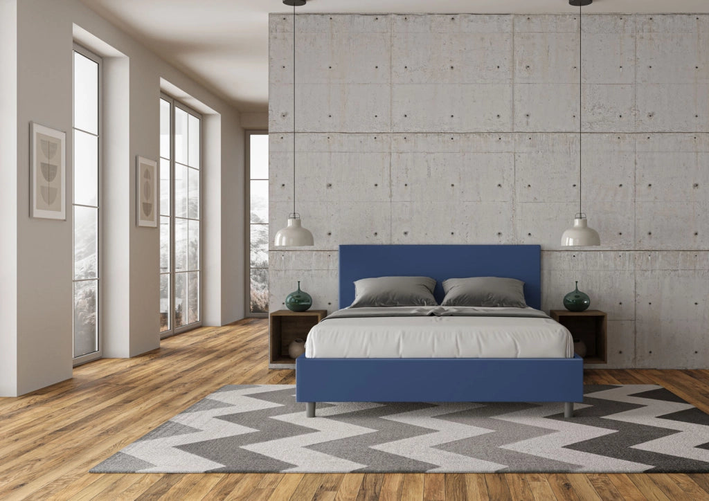 BS COM Letto matrimoniale con rete imbottito 160x190 similpelle blu