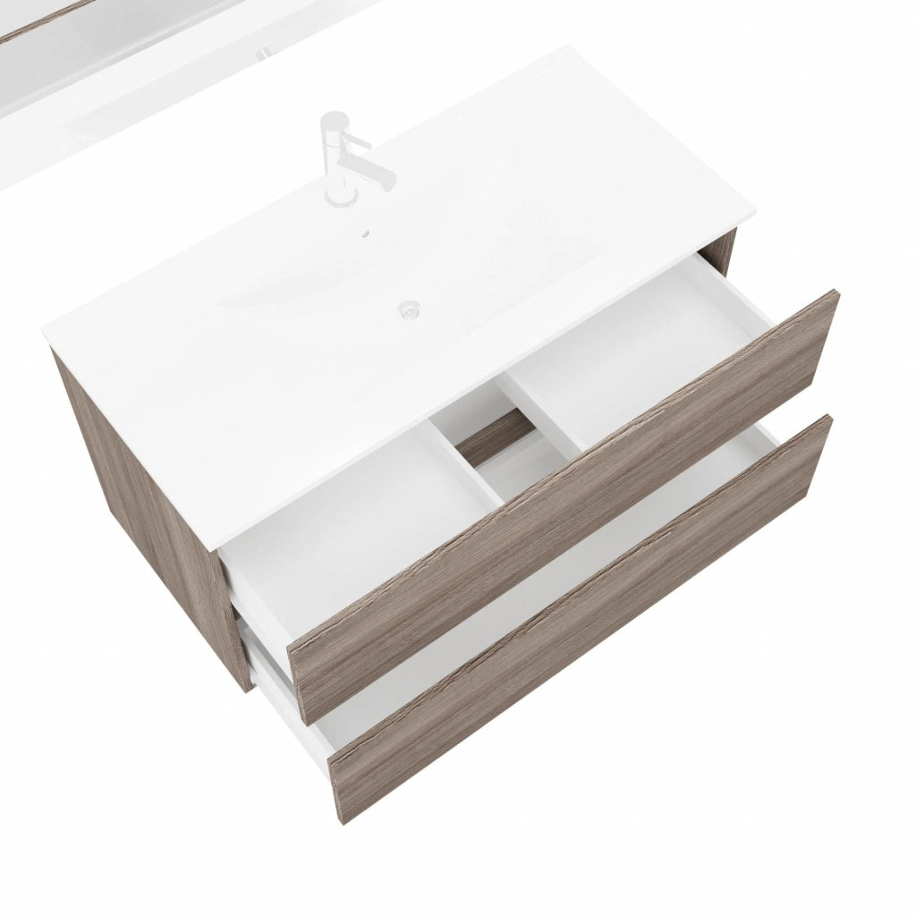 Composizione bagno 2 cassettoni rovere fumo con lavabo e specchio con lampada led