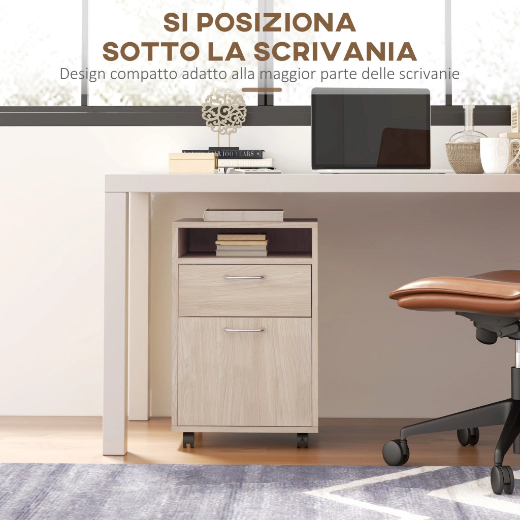 Cassettiera per Ufficio con Ripiano Aperto e 2 Cassetti ¨C Minimal ¨C Legno Rovere e Metallo, 40x35x60 cm