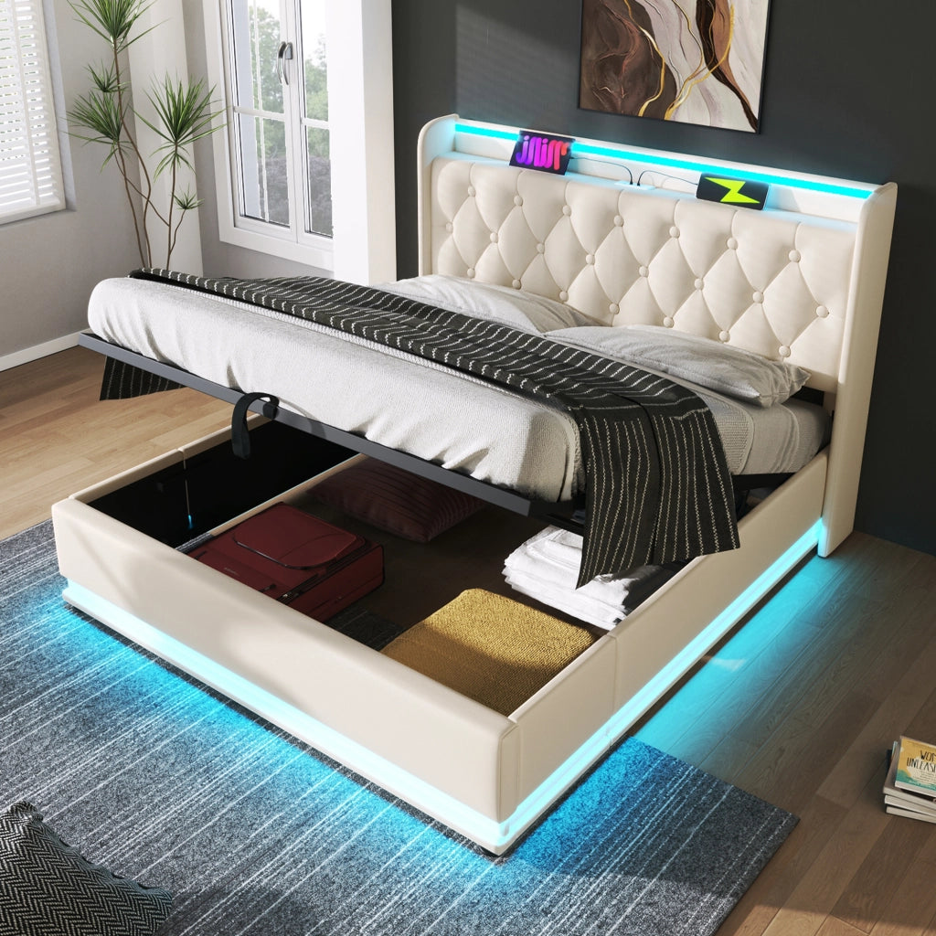 LETTO Contenitore 140x190 cm PU Bianco con LED, USB e Type-C