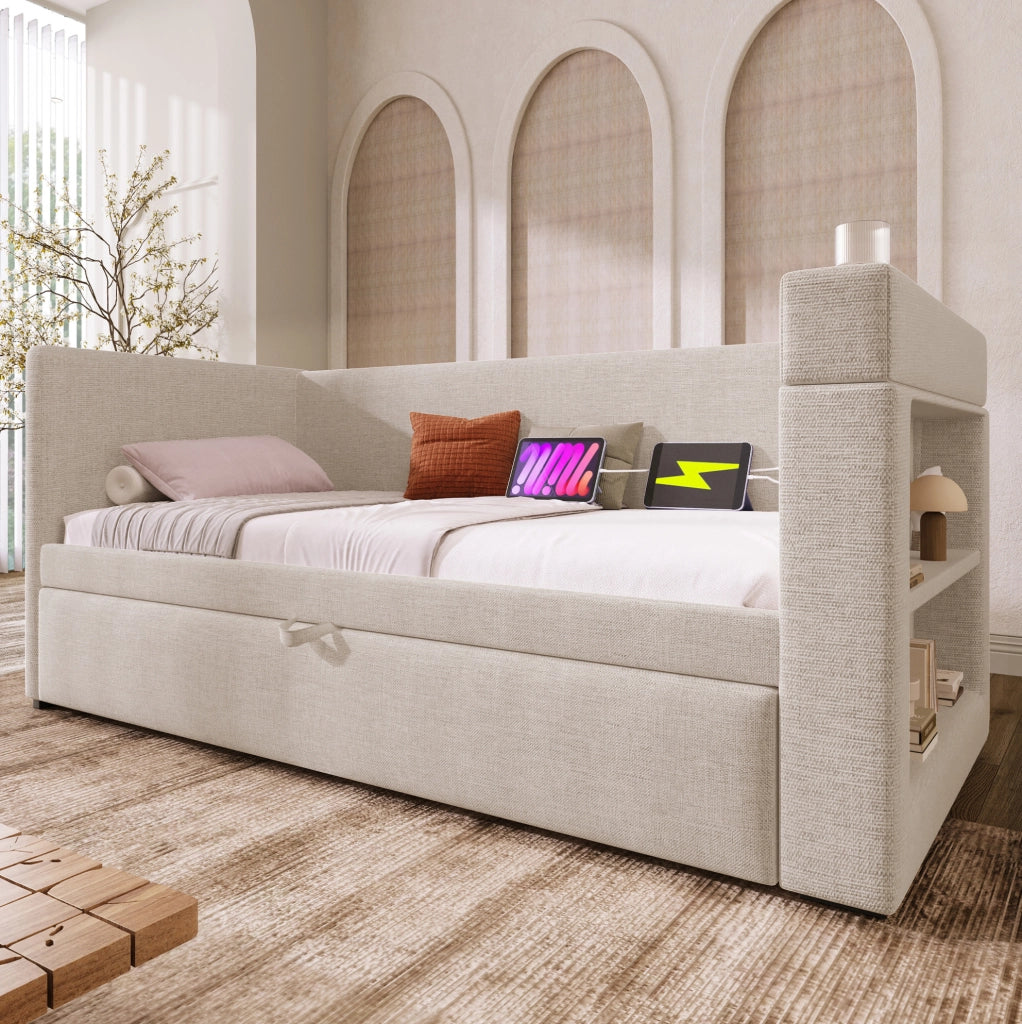 Divano letto estraibile 90x190 cm in cotone-lino beige con USB e Type-C