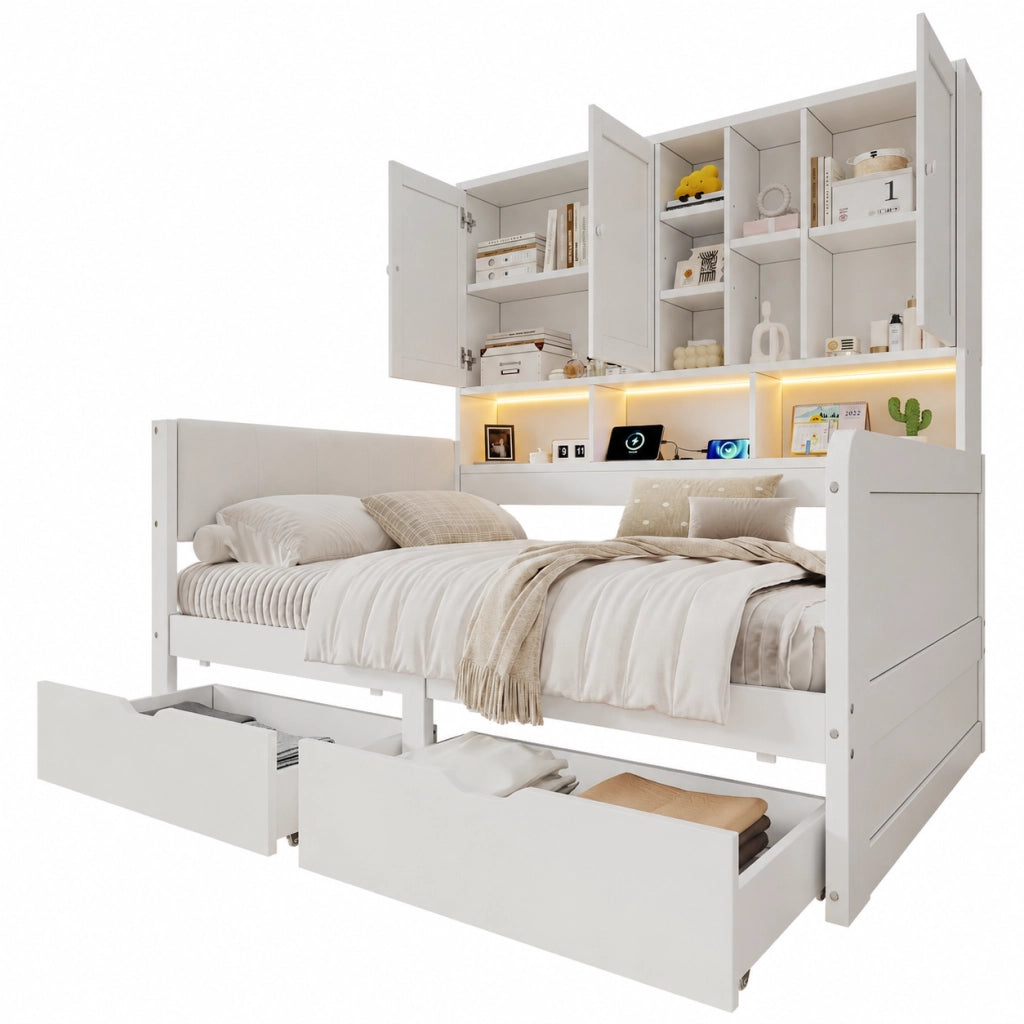 Letto singolo 90x200 con contenitore, LED, USB/USB-C e scaffali laterali in MDF bianco