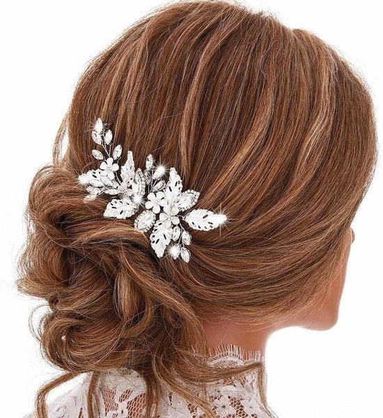 Accessori per Capelli per Matrimonio con Fiori e Strass in Argento per Donne e Ragazze