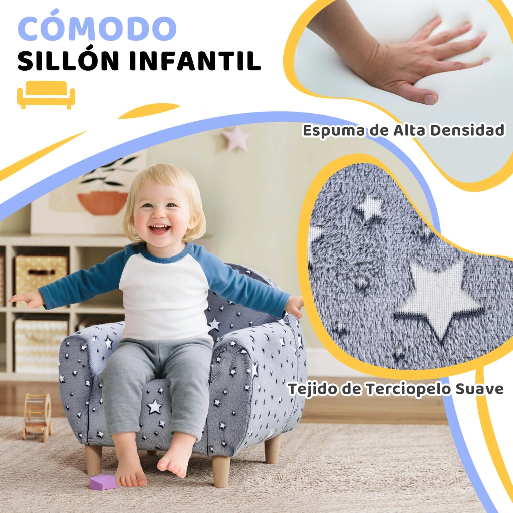 Divano bambini stelle luminose ¨C Minimal ¨C velluto grigio 55x40x55 cm