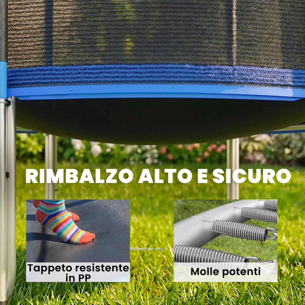 Trampolino 305 cm con rete di protezione e scaletta per esterni.