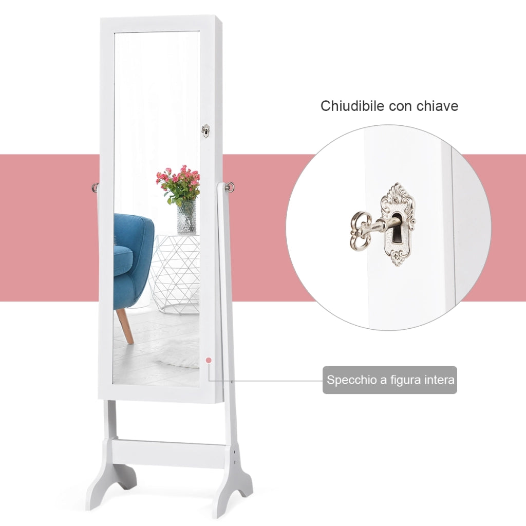 Armadietto porta gioielli con specchio e supporto da camera da letto 156x46x37cm Bianco