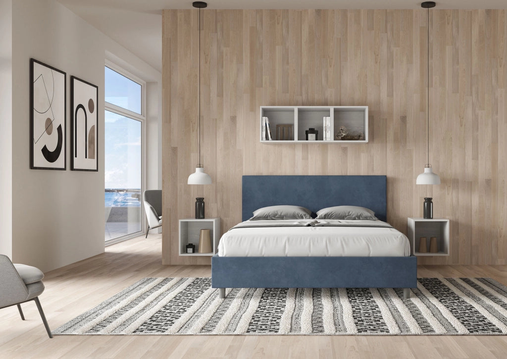 BS COM Letto matrimoniale con rete imbottito 160x200 microfibra blu